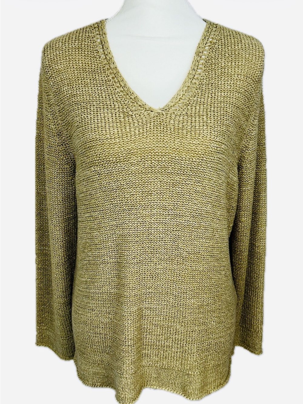 Sigrid Olsen Gold Metallic Open Knit V-Neck Pullover Sweater SOPU6724 Womens PM